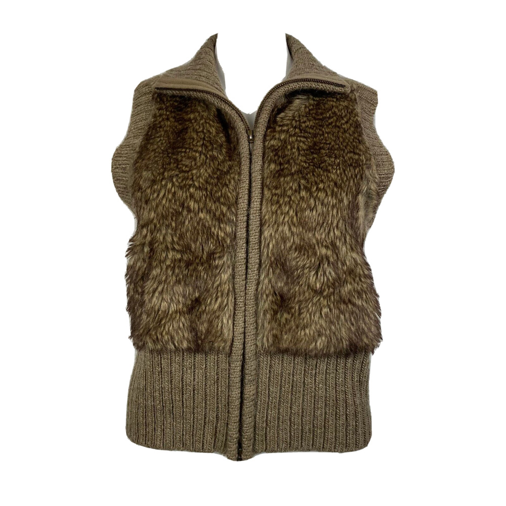 Cabi Cardigan Vest‎ Womens Sz M Brown Wool Alpaca Fur Collared Zip Up Sweater